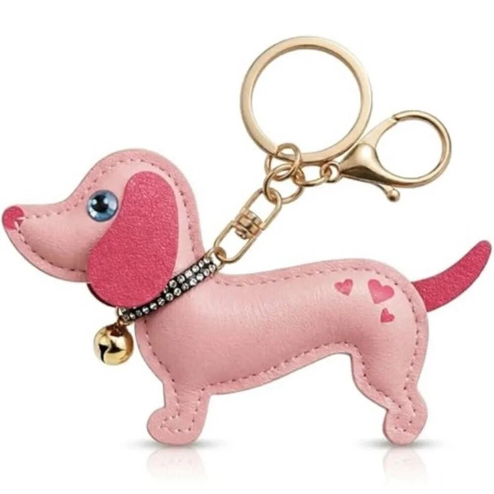 Handmade Leather Dachshund Pink Keychain & Bag Charms, Wiener Dog Gift new